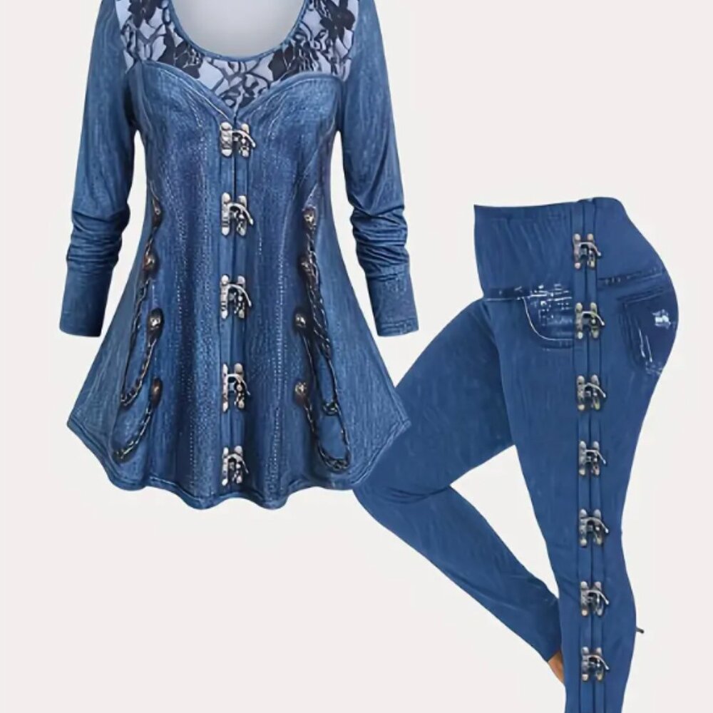 New! Corset Lace Faux Denim 2-Piece Set – Size 6 Medium – NWT